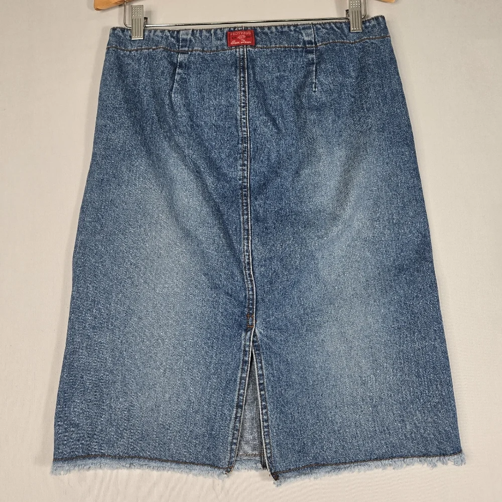 Y2K Hot Kiss Denim Skirt sz 7 28 Leather Tie Angle Seams Indie Sleaze Fray Hem